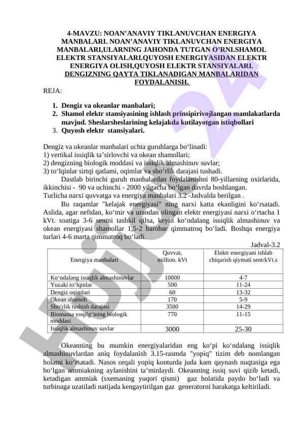 Noan’anaviy tiklanuvchan energiya manbalari tahlili