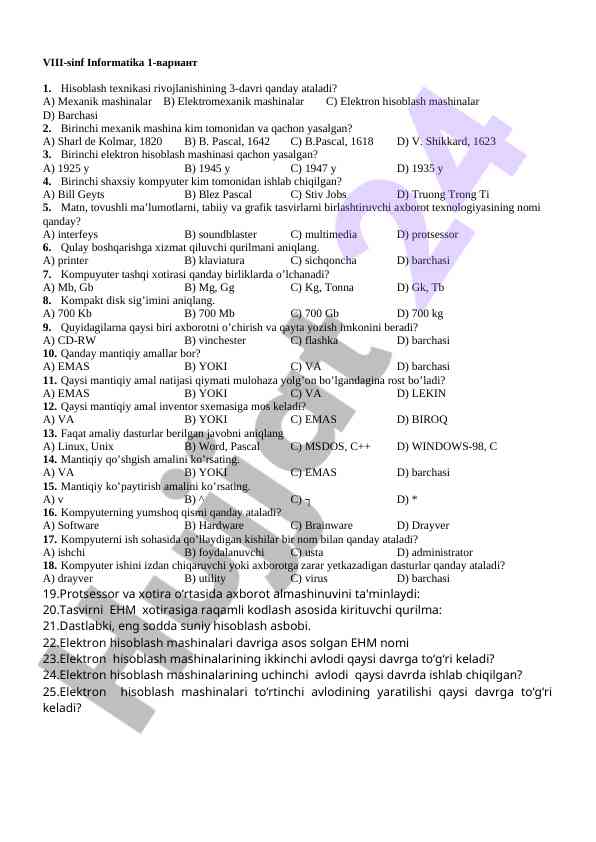 Hisoblash texnikasi rivojlanishi savollari