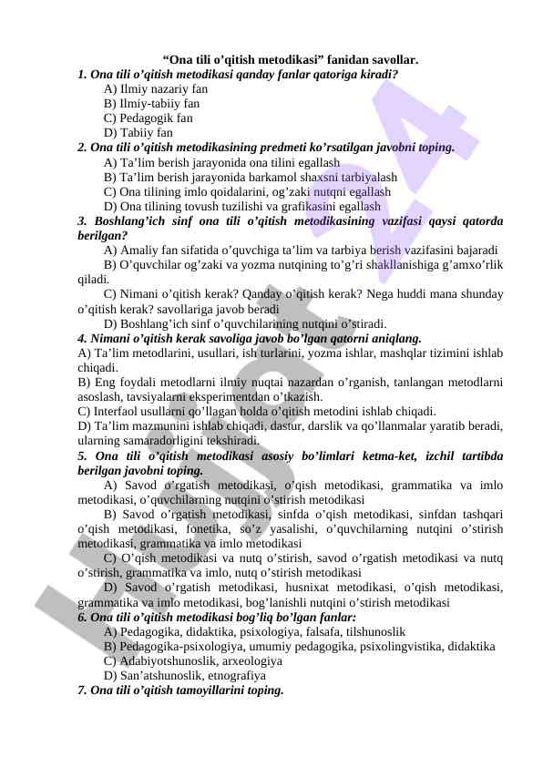 Ona tili o'qitish metodikasi savollari