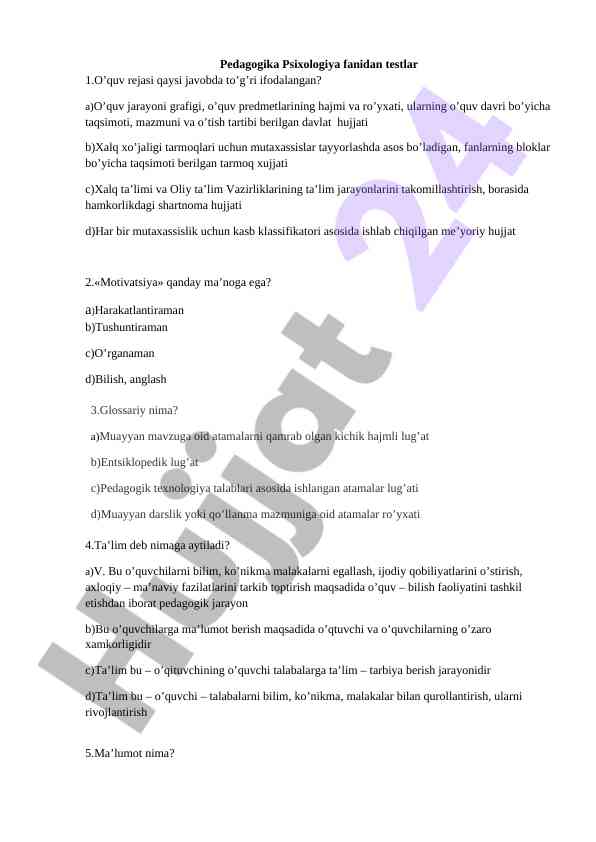 Pedagogika psixologiya fanidan testlar savollari