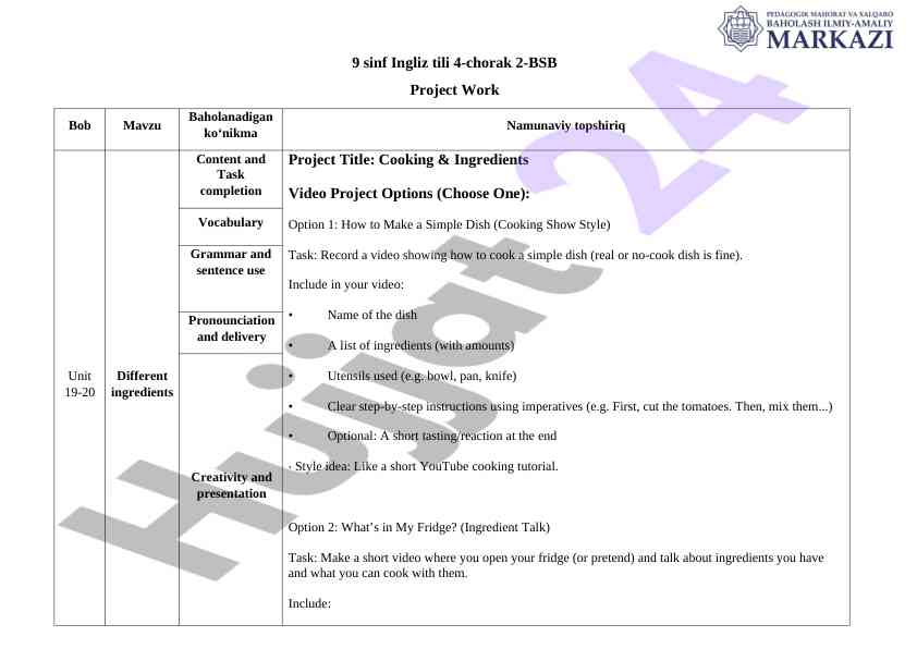 Video making project assessment criteria 9-sinf