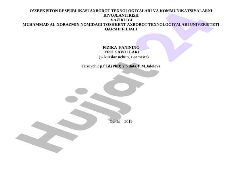 Fizika fanidan test savollari 1-kurs talabalari uchun