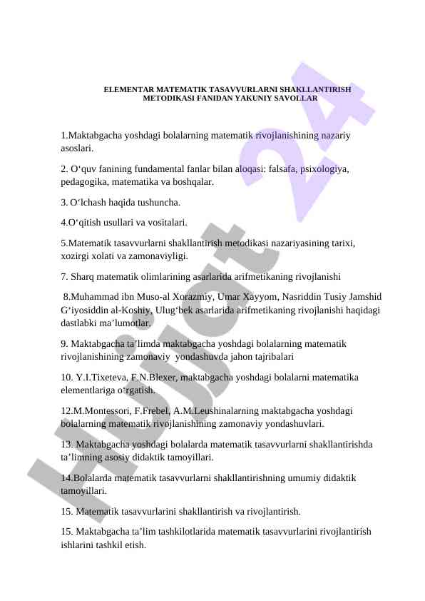 Elementar matematika tasavvurlarini shakllantirish metodikasi