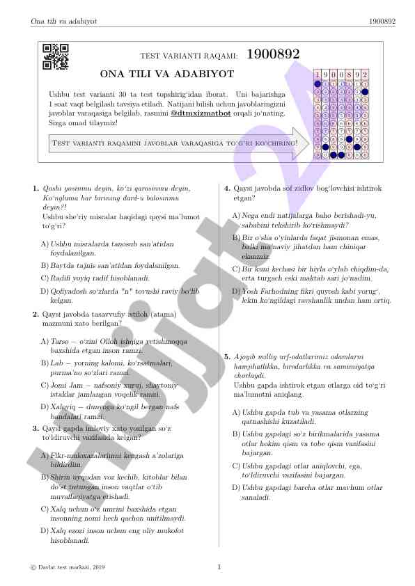 Ona tili va adabiyot test varianti raqami 1900892