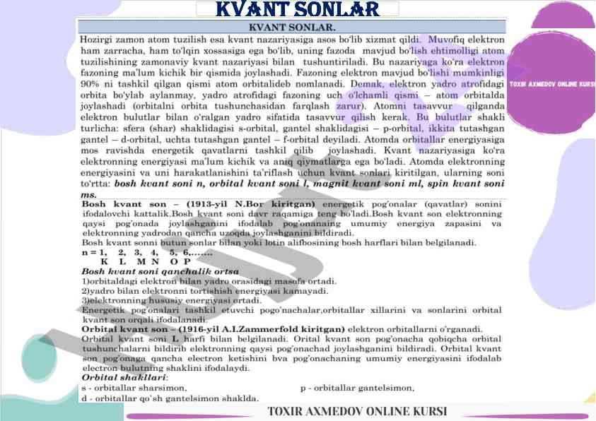Kvant sonlar mavzusi bo'yicha test savollari