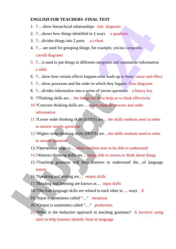 English for teachers final test overview