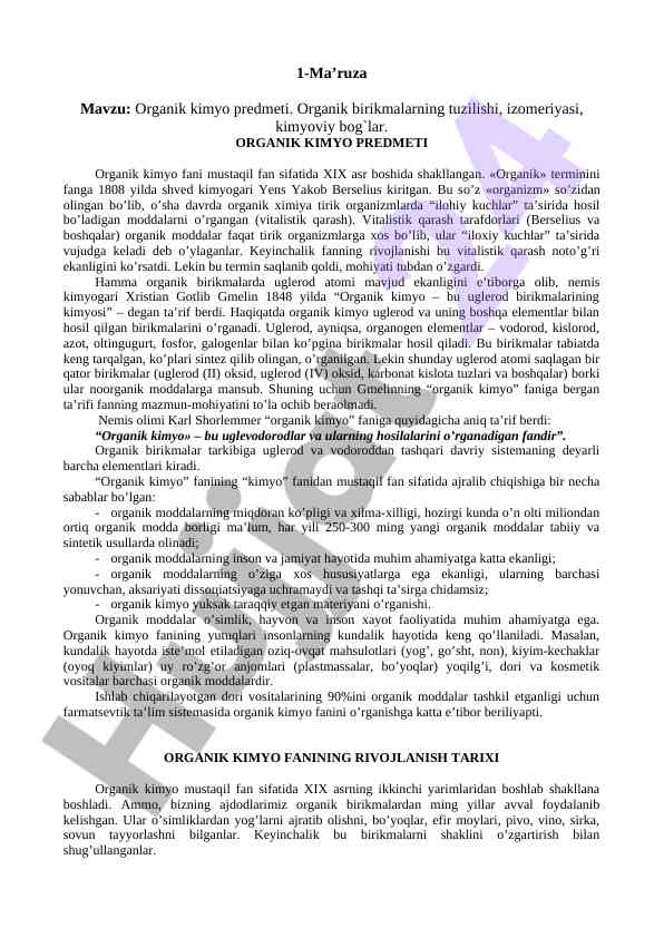 Organik kimyo predmeti haqida ma’ruza