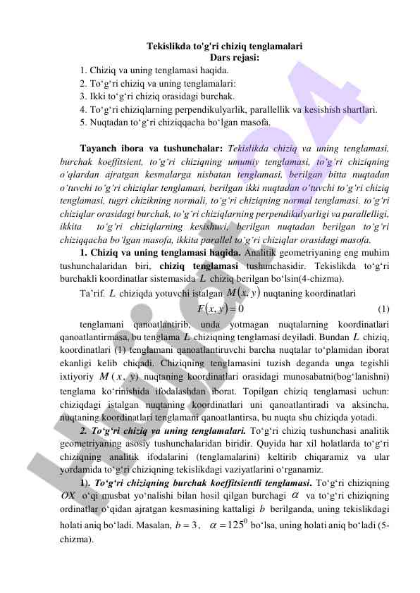 Tekislikda to'g'ri chiziq tenglamalari dars rejasi