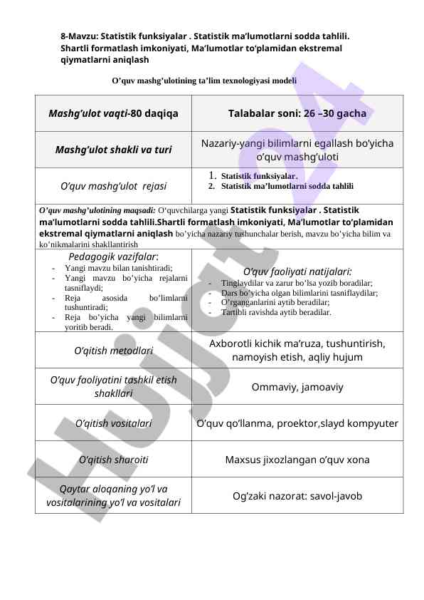 Statistik funktsiyalarni o‘rganish dars rejasi