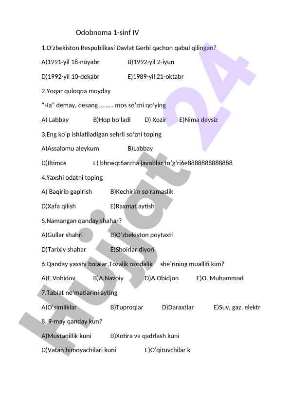O’zbekiston davlat gerbi savollari testi