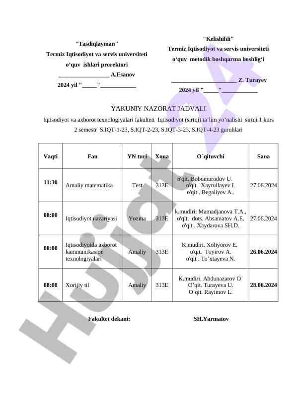 Yakuni nazorat jadvali iqtisodiyot ta'lim yo'nalishi