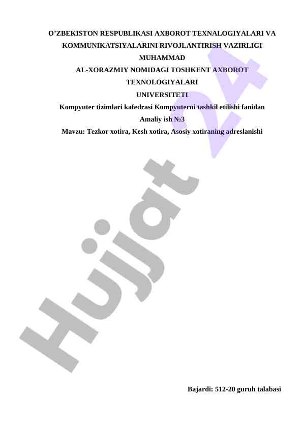 Tezkor va kesh xotira mavzusi bo'yicha amaliy ish