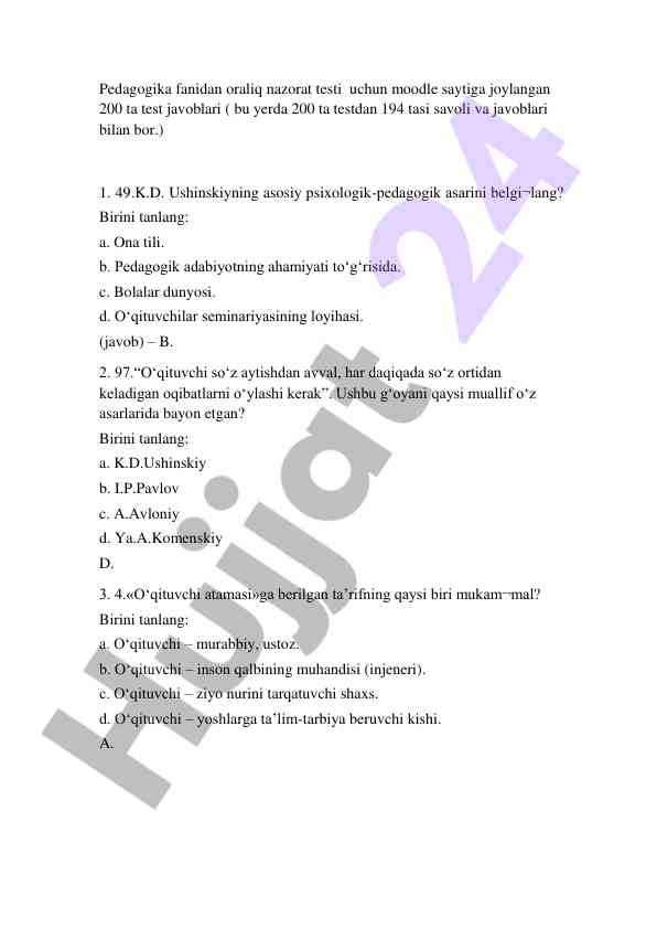 Pedagogika fanidan oraliq nazorat testlari