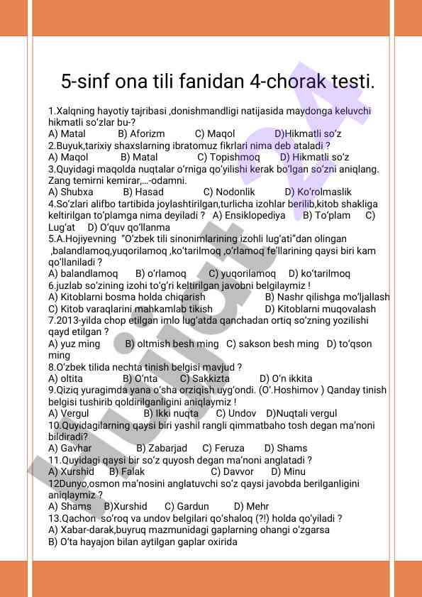 5-sinfona tili fanidan 4-chorak testi