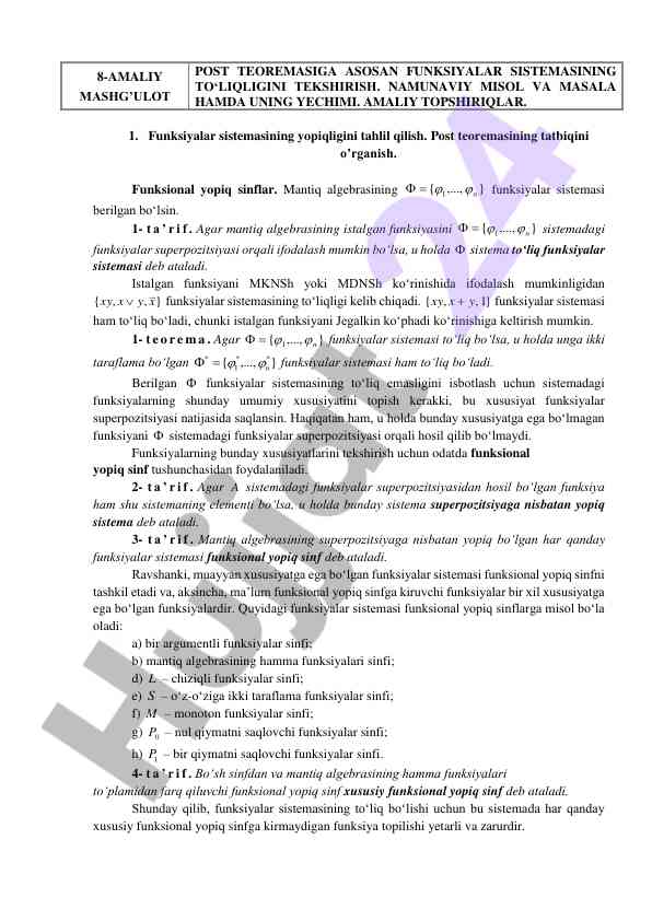 Funksiyalar sistemasining to‘liqligini tekshirish