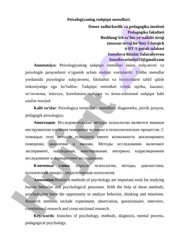 Psixologiyaning tadqiqot metodlari va usullari