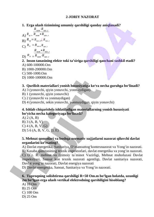 Materiallar yonish hususiyatlari bo‘yicha test savollari