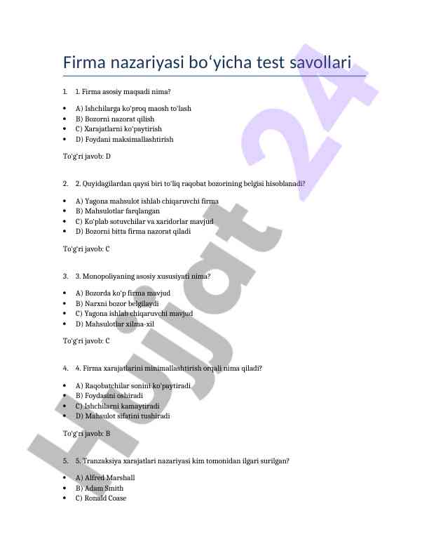 Firma nazariyasi bo‘yicha test savollari