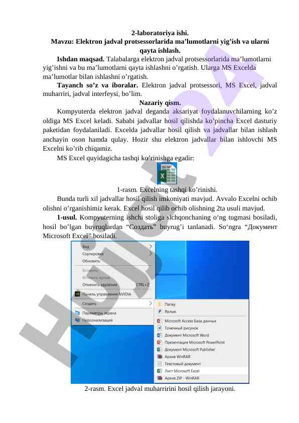 Elektron jadval protsessorlarida ma’lumotlarni qayta ishlash