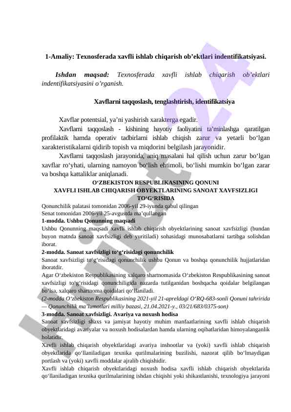 Texnosferada xavfli ishlab chiqilish obyektlari