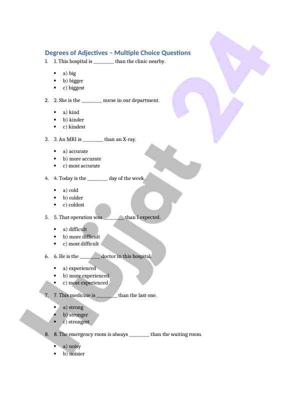 Degrees of adjectives multiple choice test