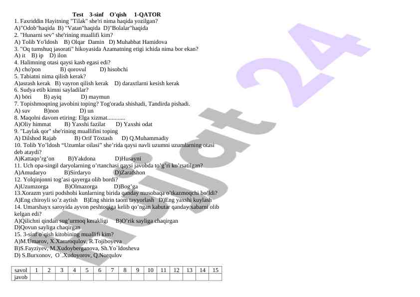 3-sinf o'qish test savollari