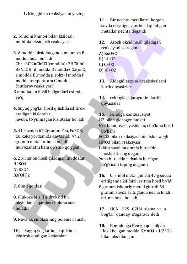 Kislotali oksidlanish reaksiyalari tahlili