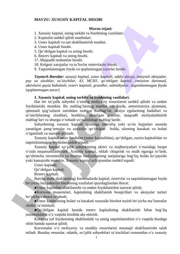 Xususiy kapital hisobi mavzusi rejasi
