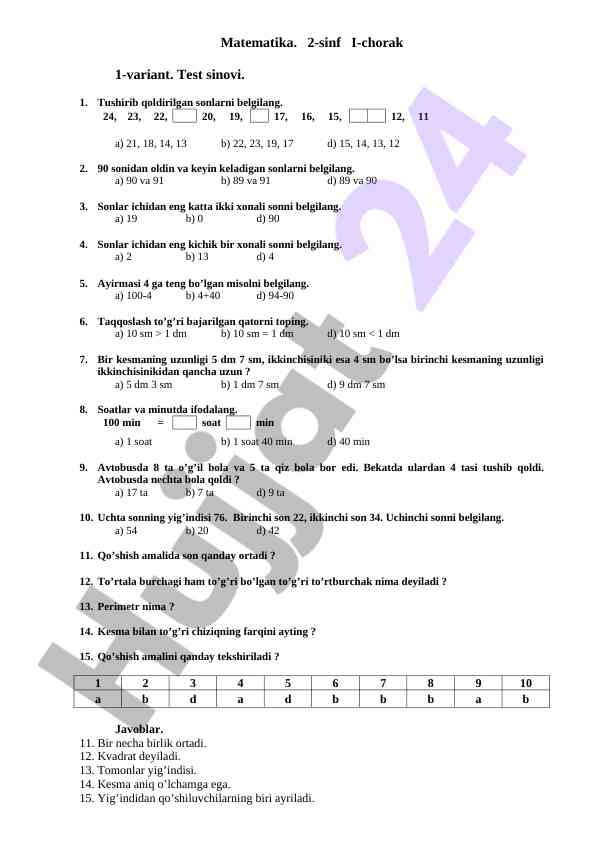 Matematika test sinovi 2-sinf i-chorak variant