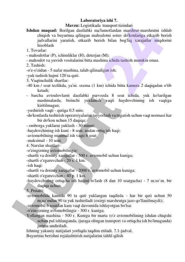 Logistikada transport tizimlari bo'yicha laboratoriya ishlari