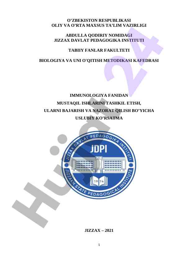 Immunologiya fanidan mustaqil ishlar uslubiy ko'rsatma