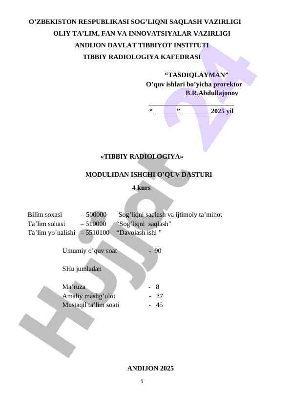 Tibbiy radiologiya modulidan o‘quv dasturi
