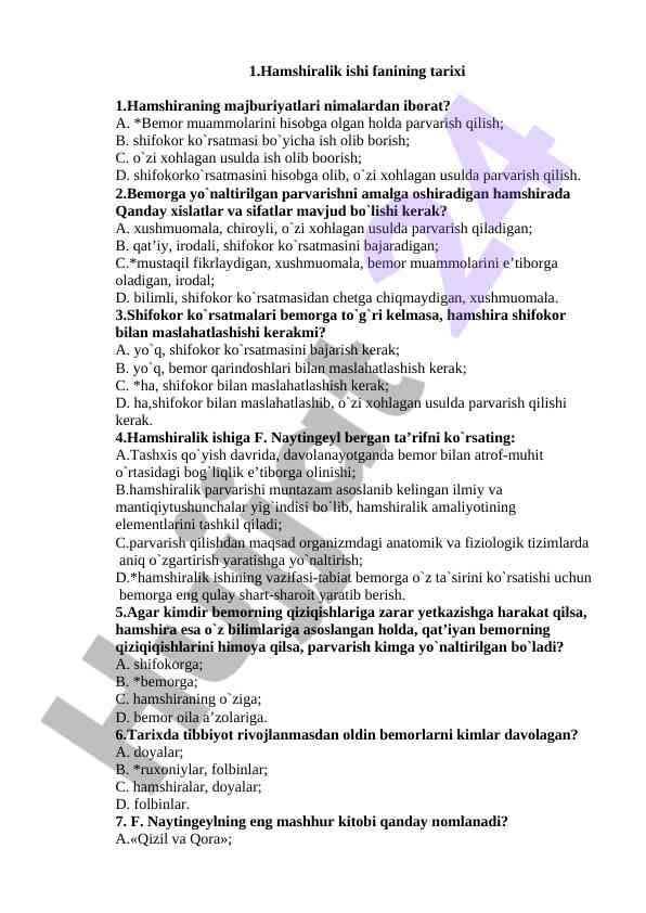 Hamshiralik ishi fanining tarixi va muhim masalalar