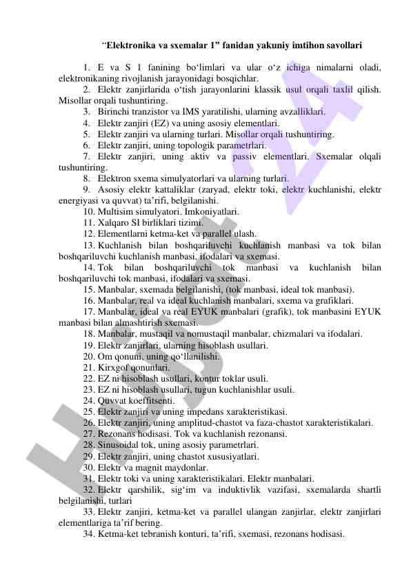 Elektronika va sxemalar yakuniy imtihon savollari