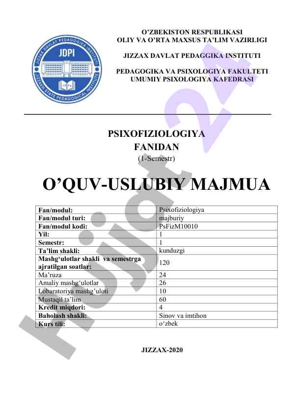 Psixofiziologiya o‘quv-uslubiy majmua