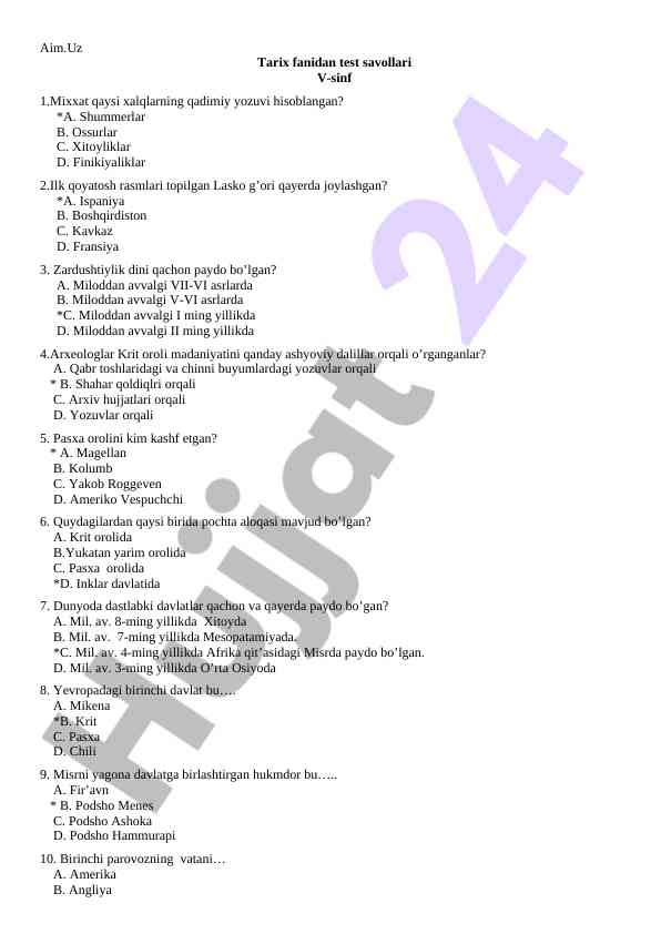Tarix fanidan test savollari v-sinf