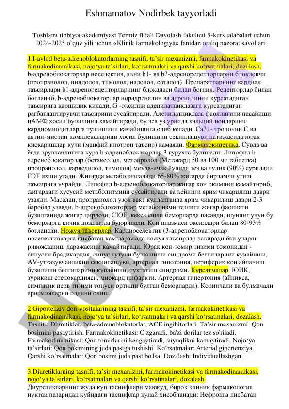 Klinik farmakologiya oraliq nazorat savollari