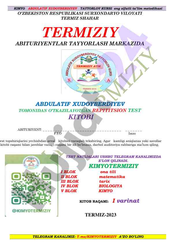 Repetitsion test kitobi abituriya tayinlov