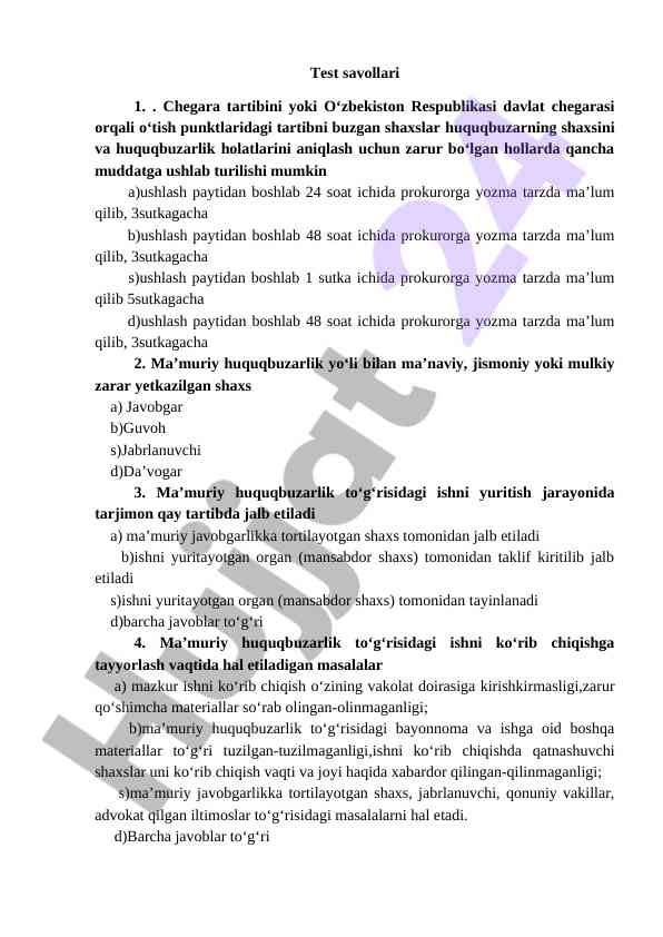 Ma'muriy huquqbuzarliklar bo'yicha test savollari