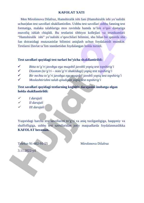 Hamshiralik isli fani uchun test savollari