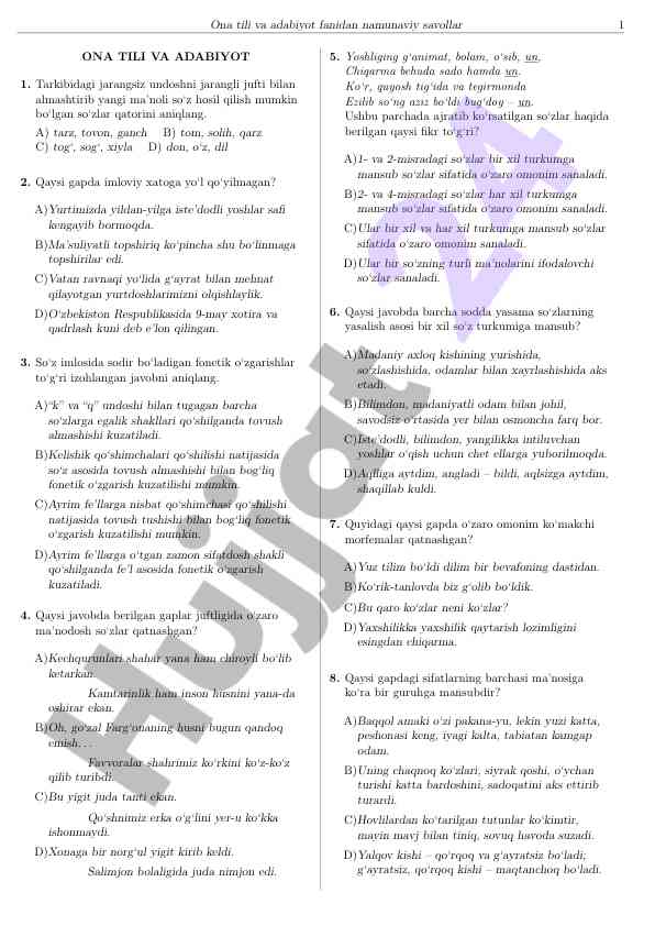 Ona tili va adabiyotdan namunaviy savollar