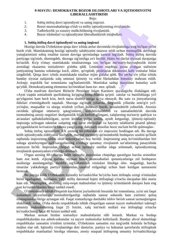 Demokratik bozor islohotlari va iqtisodiyotni liberallashtirish