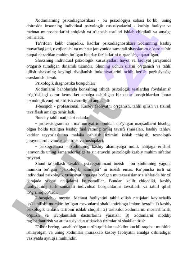 Xodimlarning psixodiagnostikasi va tahlil usullari