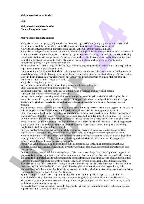 Moliya bozorlari va institutlari tushunchasi