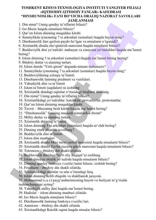 Dinshunoslik faniga oid oralıq nazorat savollari