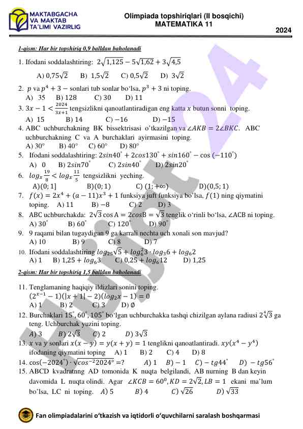 Matematika fan olimpiadasi ii bosqichi topsiriqlari
