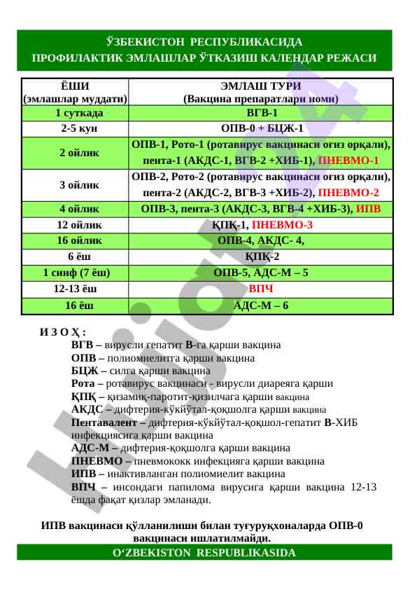 Vaccination calendar schedule for uzbekistan