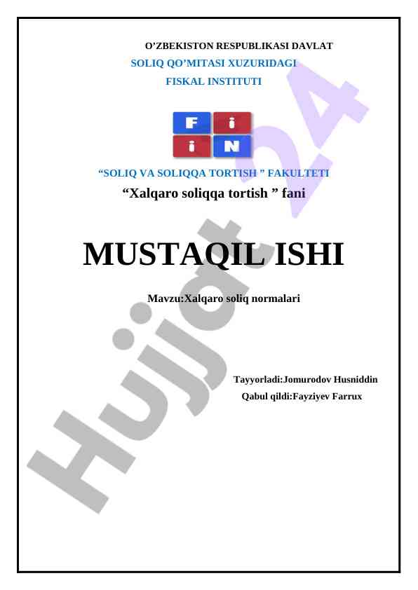 Xalqaro soliq normalari bo'yicha mustaqil ish