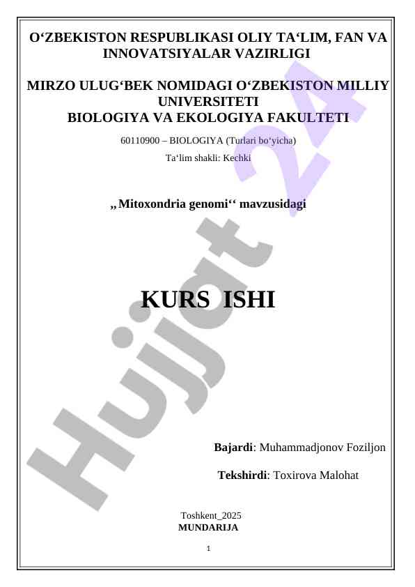 Kurs ishida mitoxondria genomi mavzusida ma'lumot