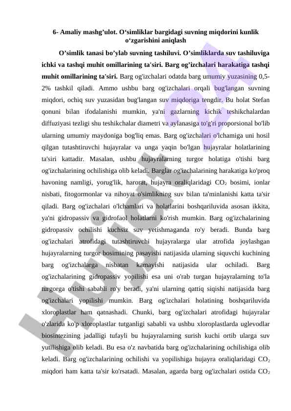 O'simliklarda suvning miqdorini o'lchash amaliyoti